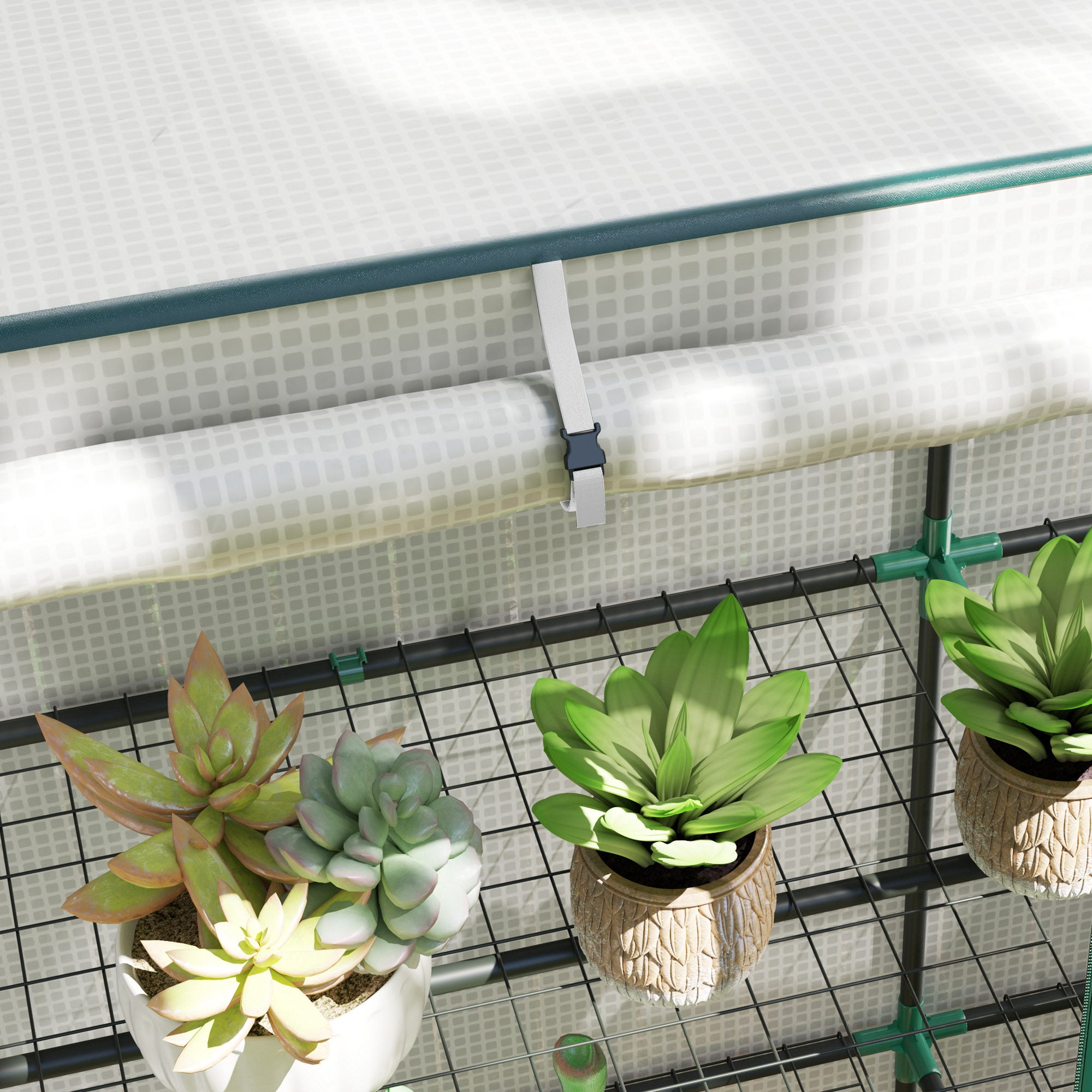 Outsunny Garden Greenhouse with 2 Roll-Up Doors, 3-Tier Shelving and Side Pockets, White and Green