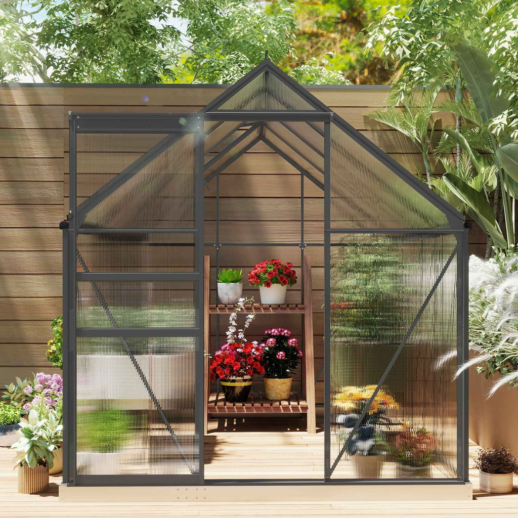Outsunny Polycarbonate and Aluminum Greenhouse with Opening Window and Sliding Door, 190x253x199 cm, Dark Gray