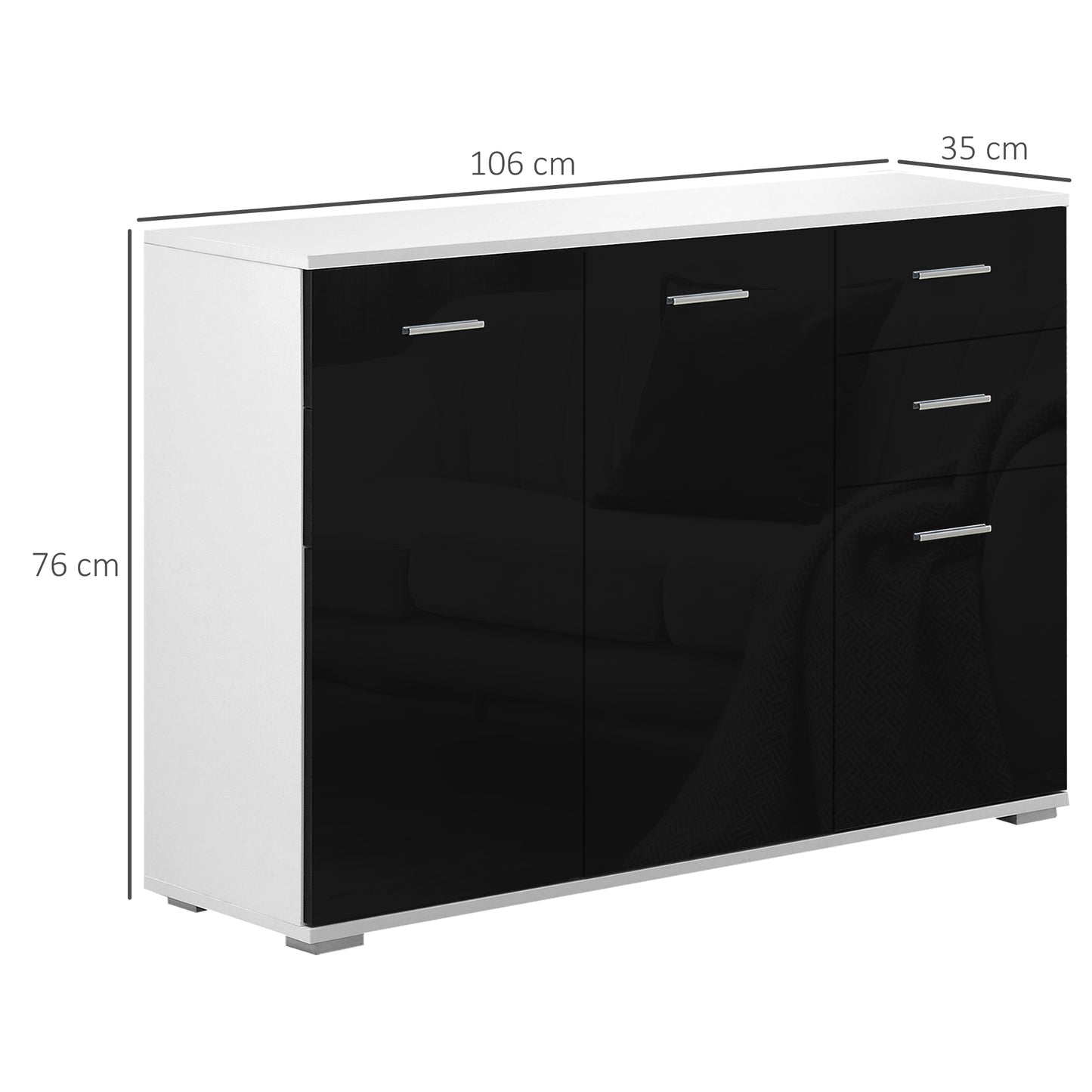 Chest of Drawers, Living Room and Bedroom Cabinet with 3 Doors and 2 Drawers, Glossy Black, Scratch-Resistant (106 x 35 x 76 cm)