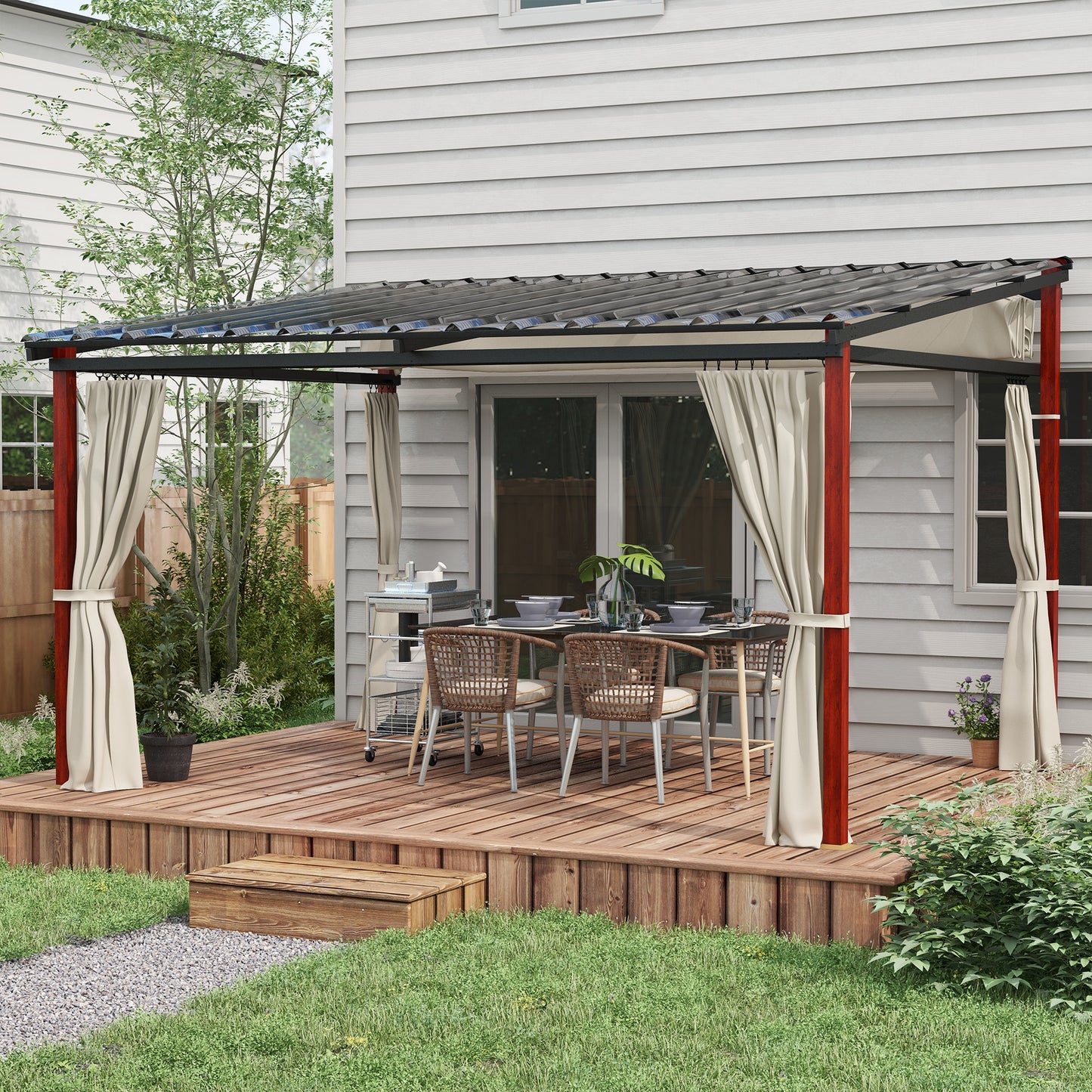 Outsunny Pergola with lateral curtains and retractable roof in PC, aluminum and metal, 345x300x215-255 cm, cream - Borgè