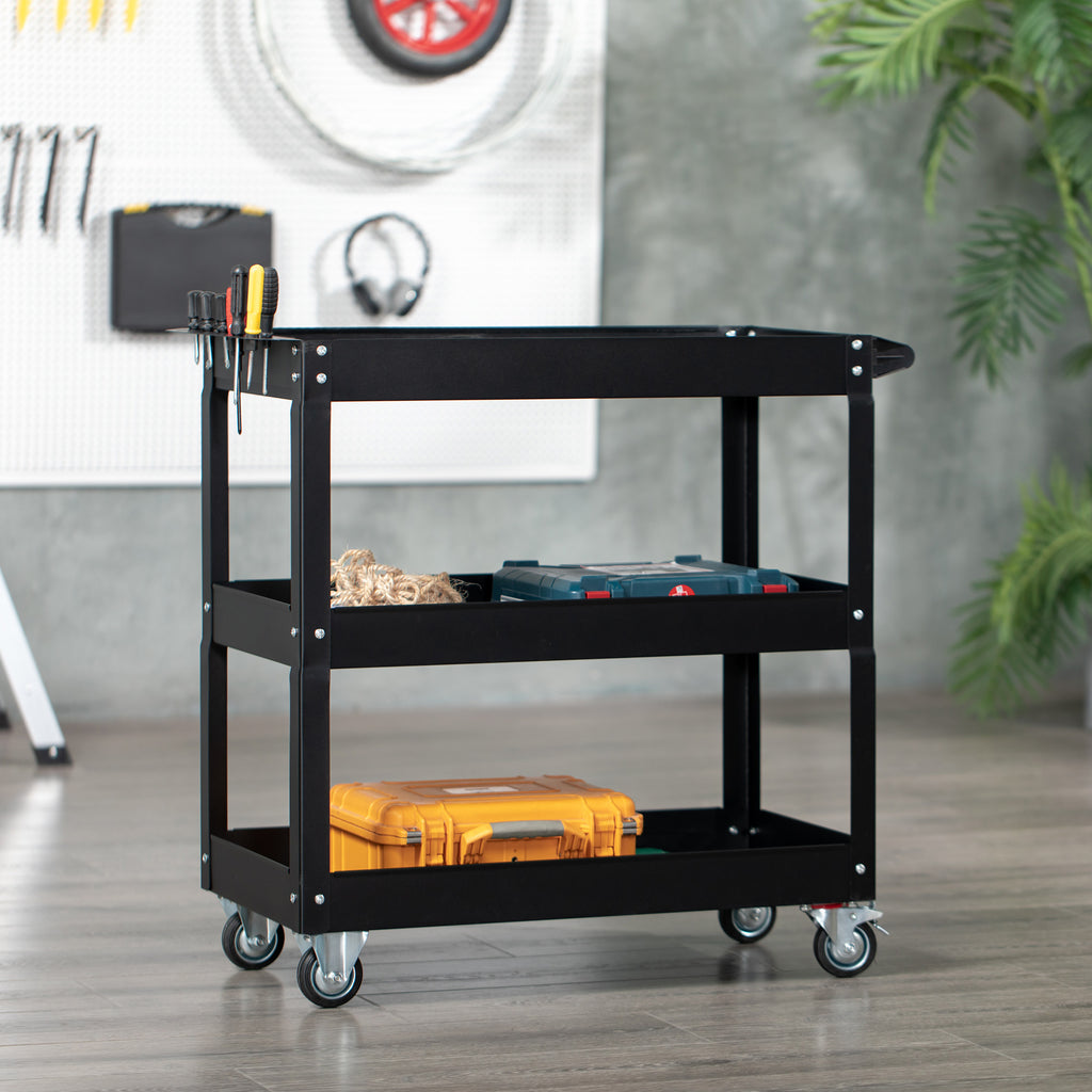 3-Tier Steel Tool Cart with High Edges and 4 Swivel Wheels, 83x35.3x76 cm, Black
