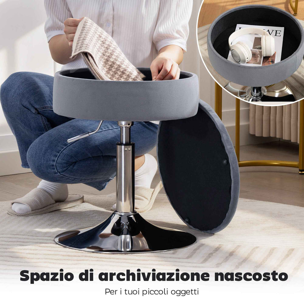 HOMCOM Height-Adjustable Bar Stool with Storage Compartment, Padded Swivel Seat without Backrest, Grey