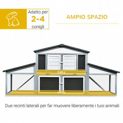 Outdoor Rabbit Hutch in Wood and Metal, Cage for 2-3 Rabbits or Rodents, Grey and White 225x70x100cm