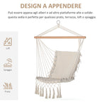 Indoor and Outdoor Hanging Rocking Chair in Fabric with Tassels, 90x50 cm, Cream