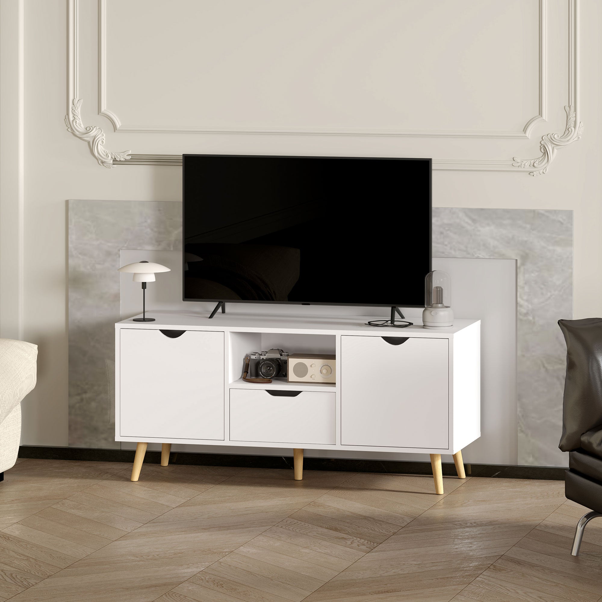 TV Cabinet max 50" with Drawer, Open Shelf and Cabinets, 110x40x50 cm, White and Wood