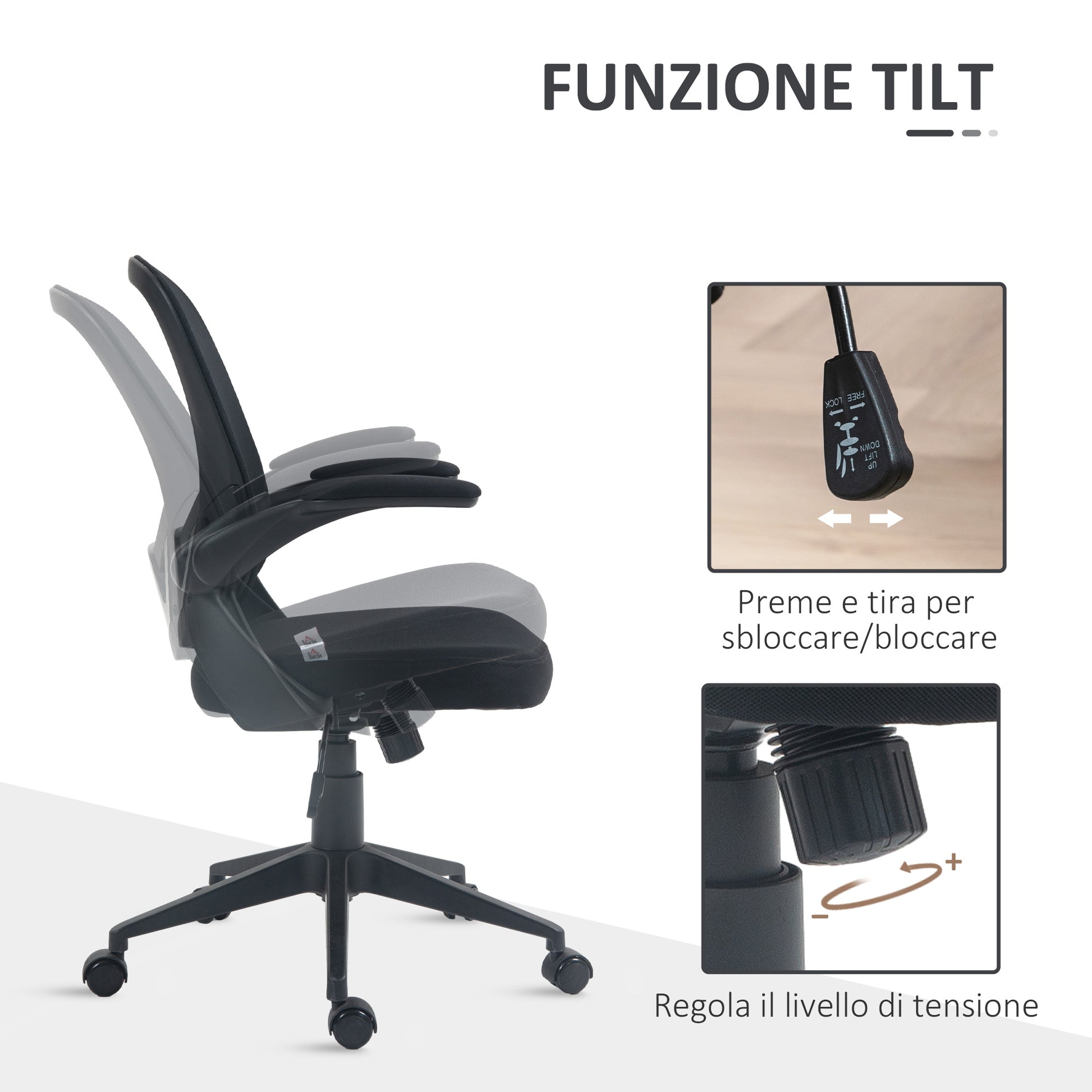 HOMCOM Ergonomic Office Chair with Adjustable Height, Folding Armrests and Mesh Fabric, Black - Borgè