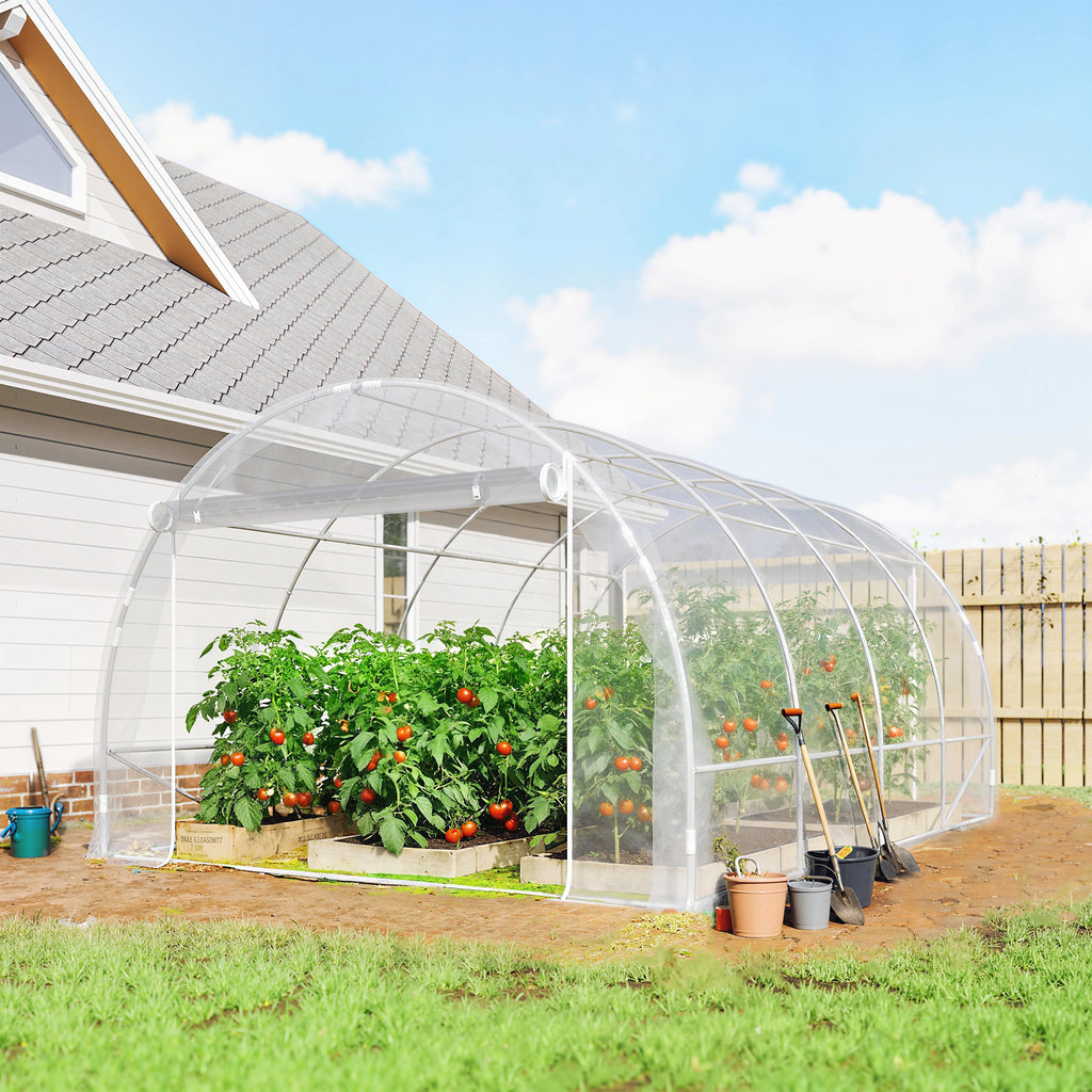Outsunny 3x4x2 m Tunnel Greenhouse with Roller Doors, Steel Frame and Anti-UV PE Cover, Transparent