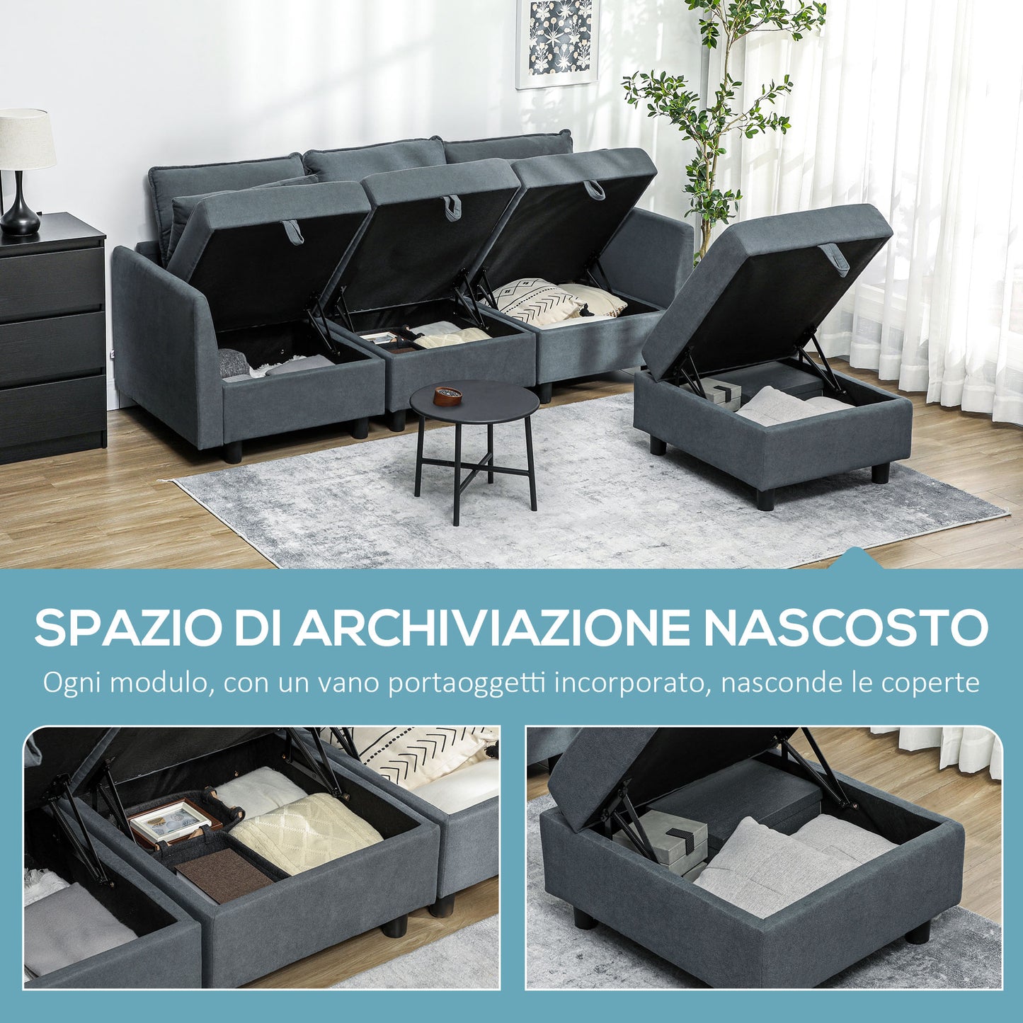 Modern  3 Seater Modular Sectional Sofa with Footrest and Cushions, Flannel Upholstery, Dark Grey