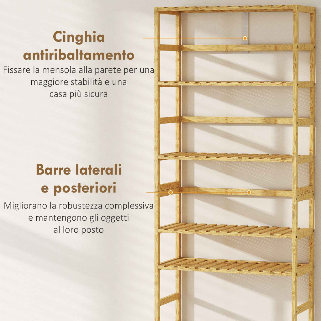 HOMCOM 6-Tier Bamboo Bookshelf with Adjustable Shelves, 60x26x161cm, Natural Wood