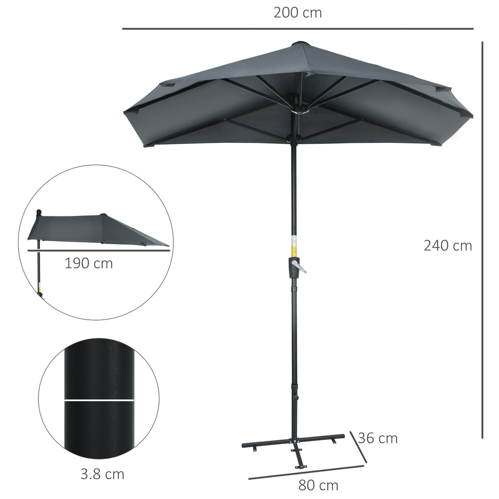 Semicircular Umbrella with Crank and Anti-UV Canopy, 200x190x240 cm, Gray