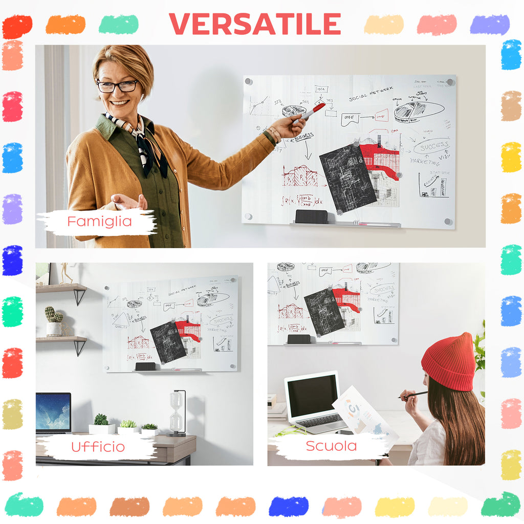 Glass and Aluminum Whiteboard with 4 Colored Markers and Eraser, 90x60x0.4 cm