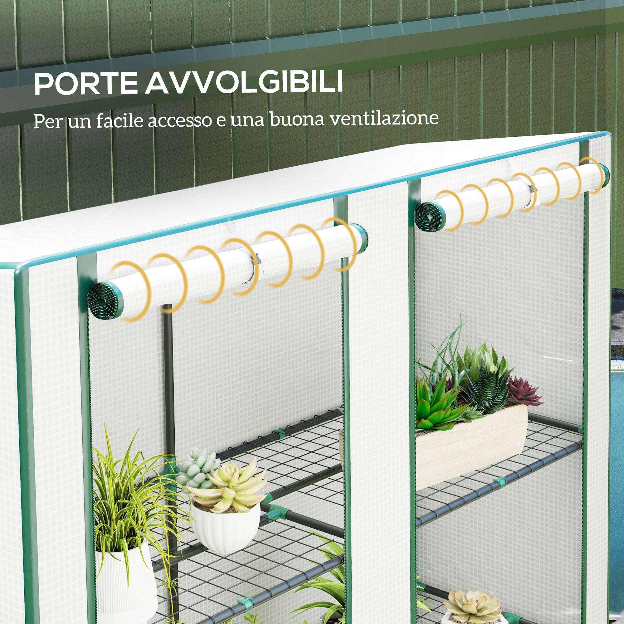 Outsunny Garden Greenhouse with 2 Roll-Up Doors, 3-Tier Shelving and Side Pockets, White and Green