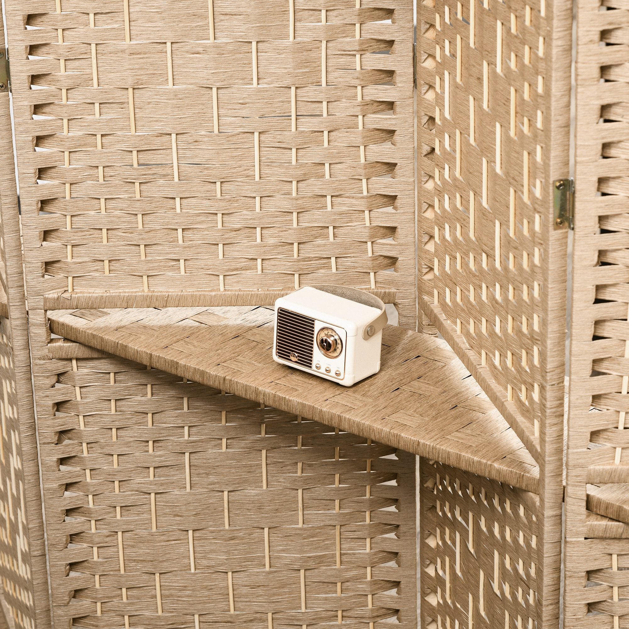 4-Panel Folding Room Divider with Shelves 160x170cm, Natural Color