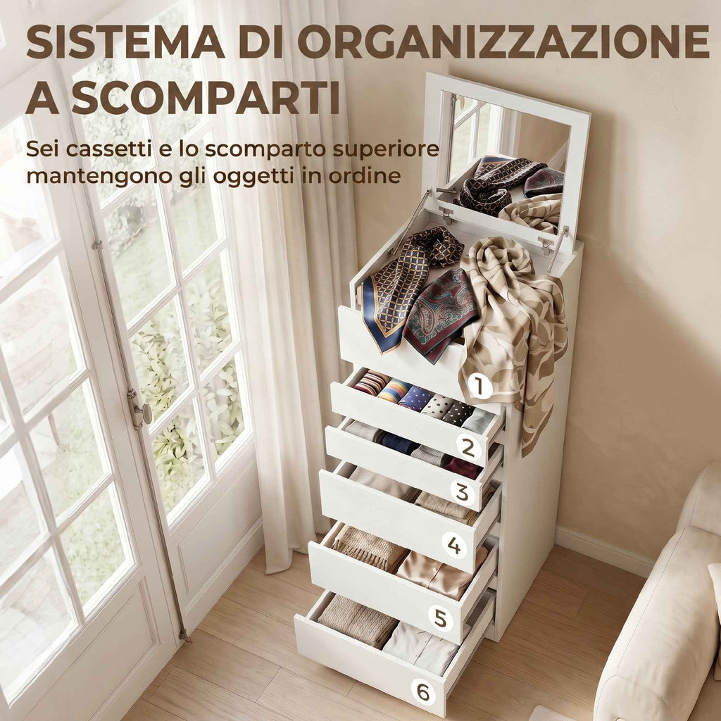 HOMCOM 6-Drawer Bedroom Chest with Hinged Mirror, 40x48x110 cm, White