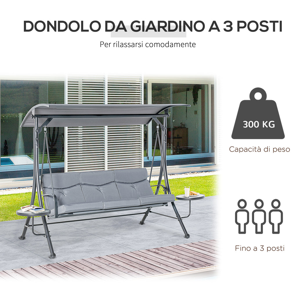 Outsunny 3-Seater Garden Swing, Outdoor Swing with Adjustable Canopy and 2 Side Tables, Grey 271x125x177cm