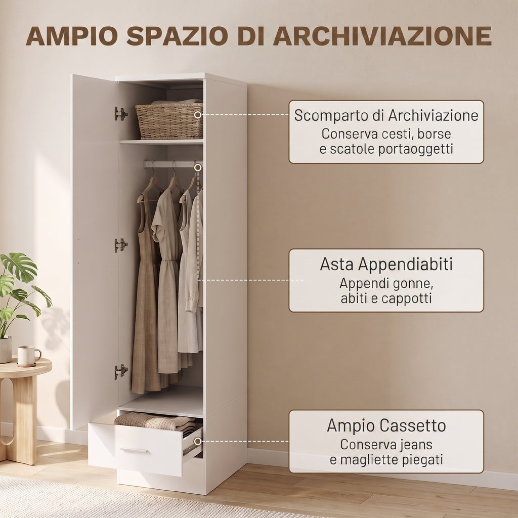 HOMCOM Wardrobe with Hanging Rail and Drawer, Clothes Rack, White
