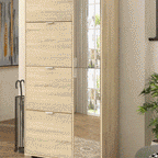 Shoe Rack with Mirror for 16 Pairs of Shoes, 4 Drop-Down Drawers and 2 Cabinets, 82x30x168cm, Oak