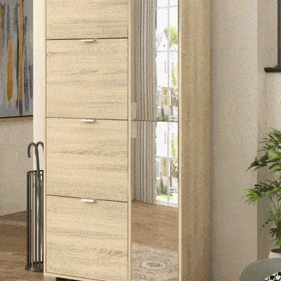 Shoe Rack with Mirror for 16 Pairs of Shoes, 4 Drop-Down Drawers and 2 Cabinets, 82x30x168cm, Oak