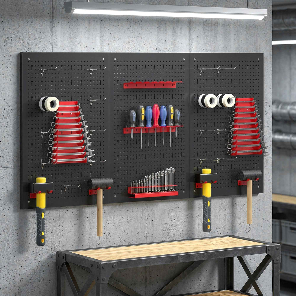 HOMCOM Set of 3 Steel Wall Mounted Tool Racks with 9 Brackets and 16 Hooks, Black and Red
