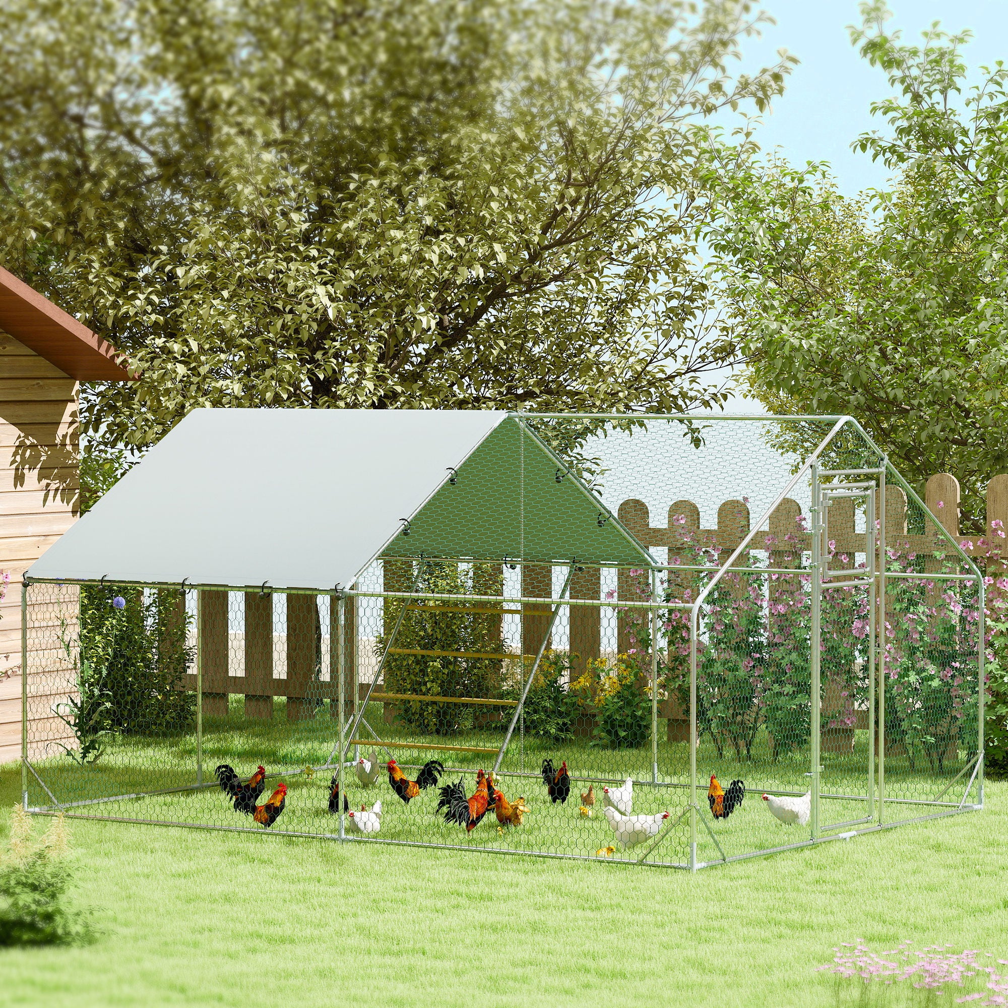 12m² Chicken Run for 12-18 Animals with Waterproof Roof, Feeder and Perch, 3x4x1.9m, Silver