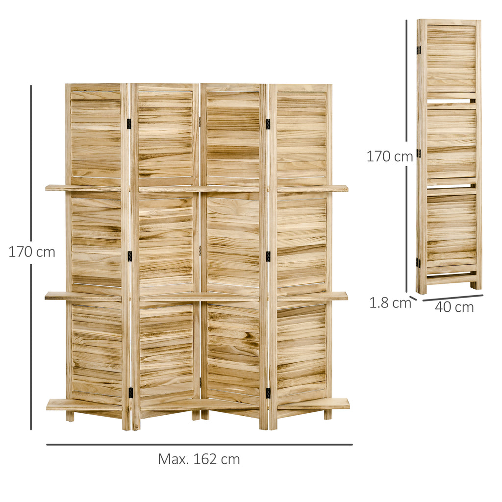 4-Panel Folding Room Divider with Shelves, Paulownia Wood, 162 x 170 cm, Wood