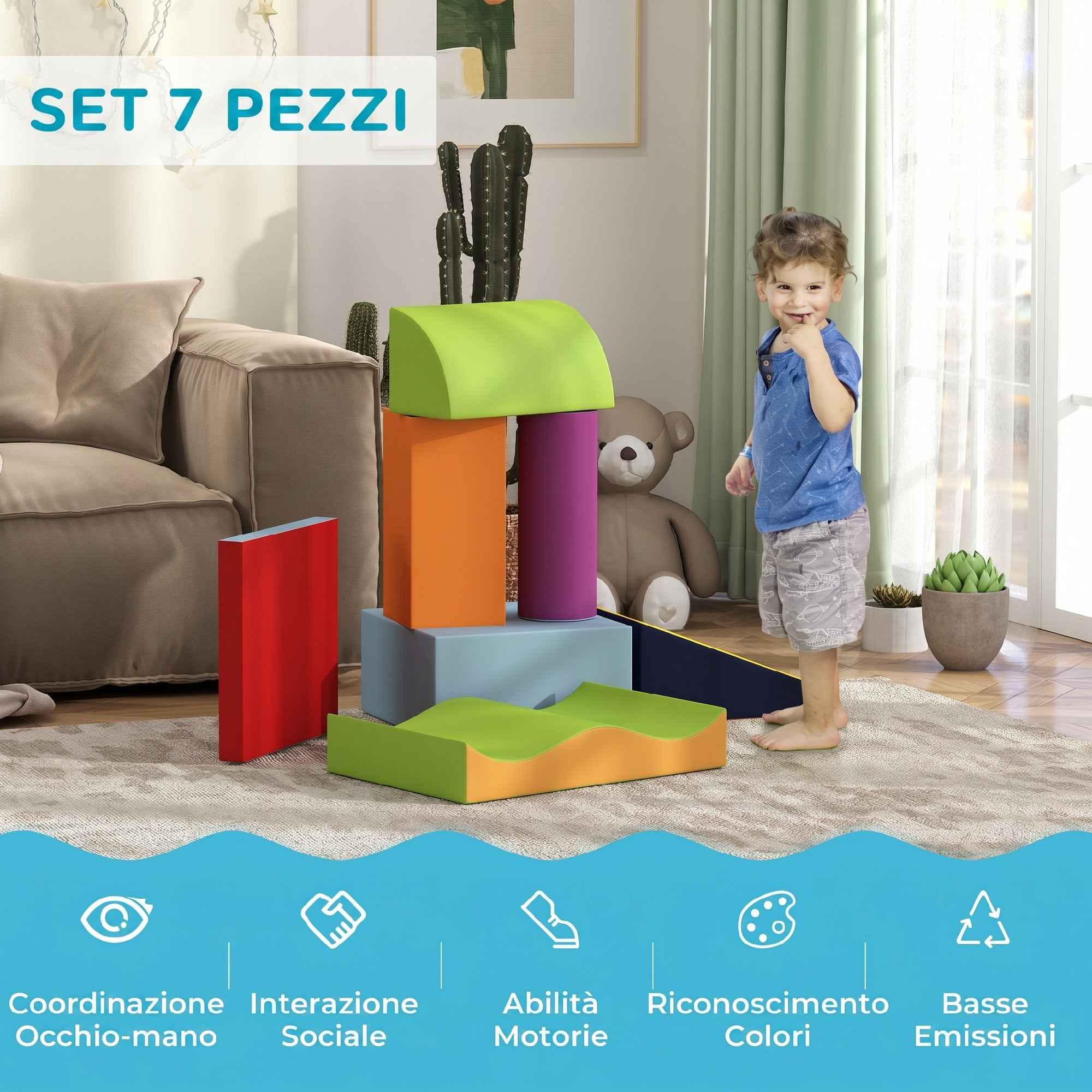 HOMCOM 7-Piece Soft Building Set for Kids Ages 1-3 Years, Foam and PU Leather, for Home and Nursery, Multicolor