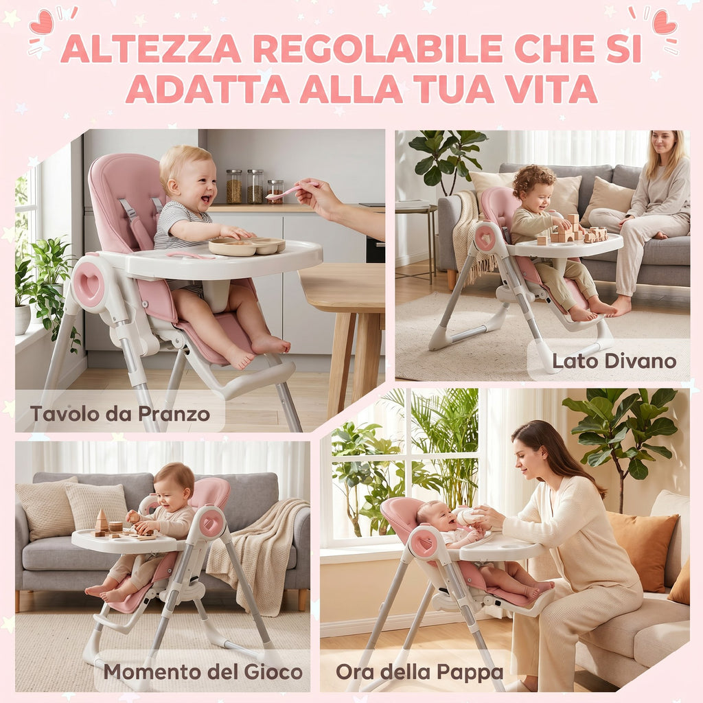 AIYAPLAY Folding High Chair for Babies 6-36 Months with Adjustable Height, Double Washable Tray, Wheels, Pink