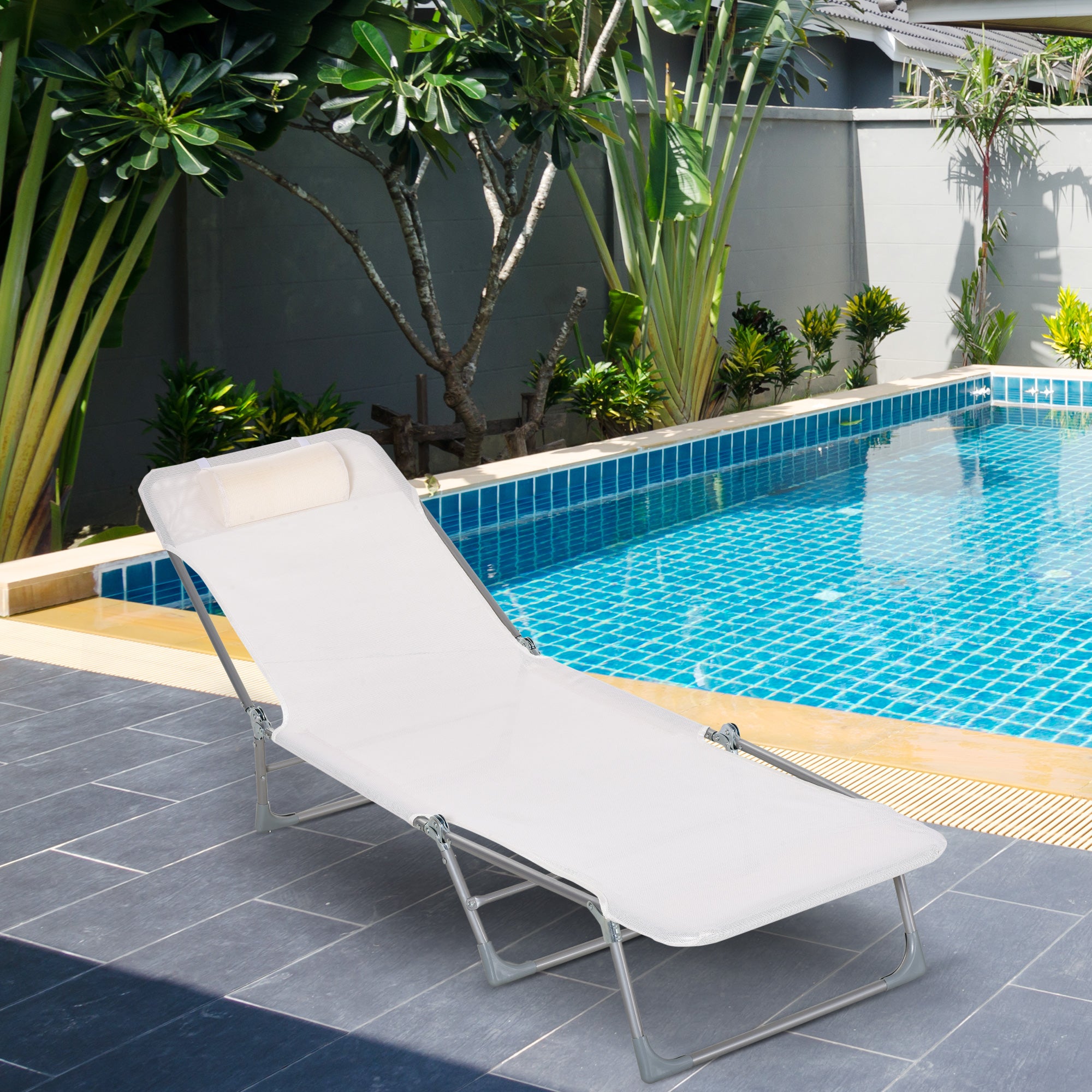 Outsunny Folding Garden Lounger with Reclining Backrest and Cushion, in Metal and Texteline, 182x56x28 cm, Cream