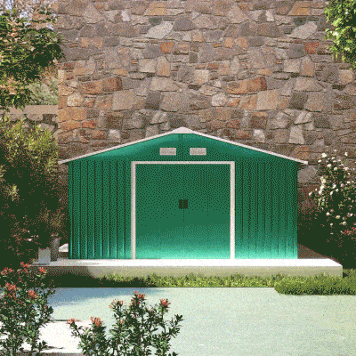 Garden Shed with 2 Sliding Doors and 4 Air Vents in Steel, 340x386x200cm, Green - Borge' Group Limited