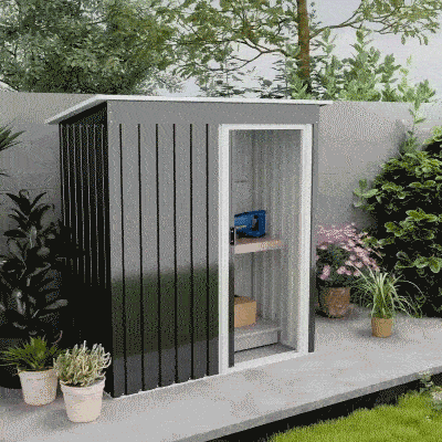 Garden Shed with Sloping Roof and Sliding Door, Galvanized Steel Garden Tool Shed, 1.16m², 163x89x182 cm, Black - Borge' Group Limited