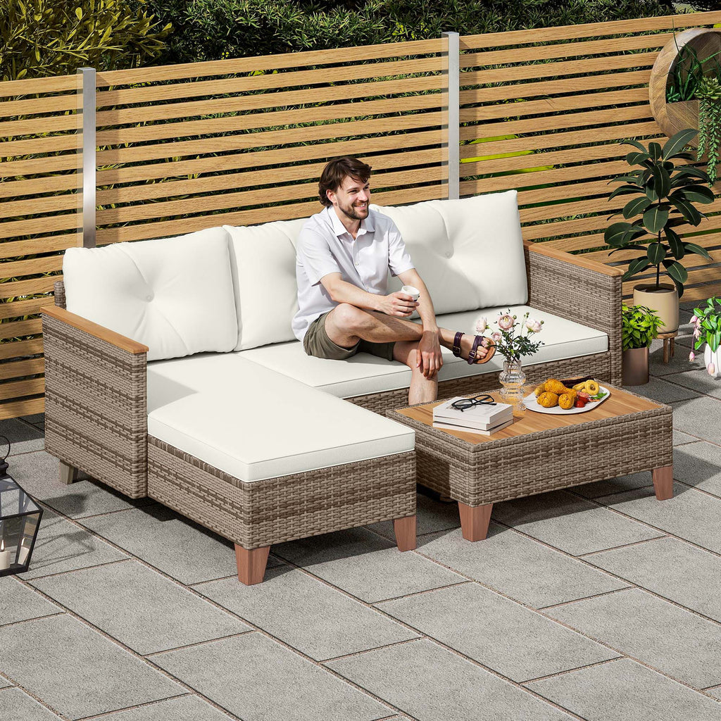 PE Rattan Garden Lounge with 2-Seater Sofa, Chaise Longue and Coffee Table, Cream