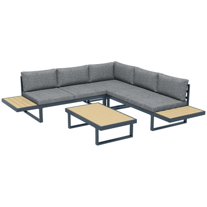 4-piece garden set in aluminum with 2 sofas, corner armchair and coffee table, gray and teak - Borgè