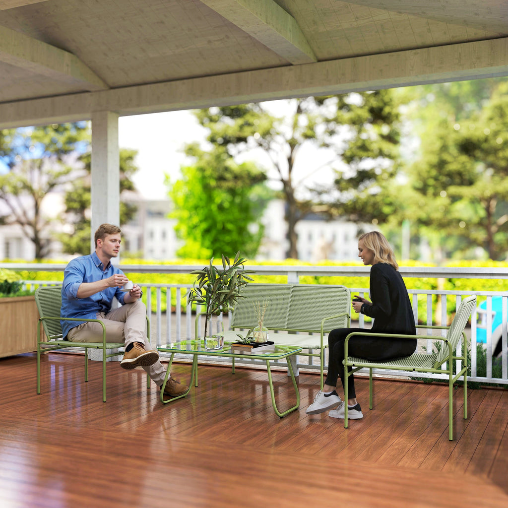 Outdoor Lounge Set in PE Rattan with Sofa, 2 Armchairs and Coffee Table with Glass Top, Green