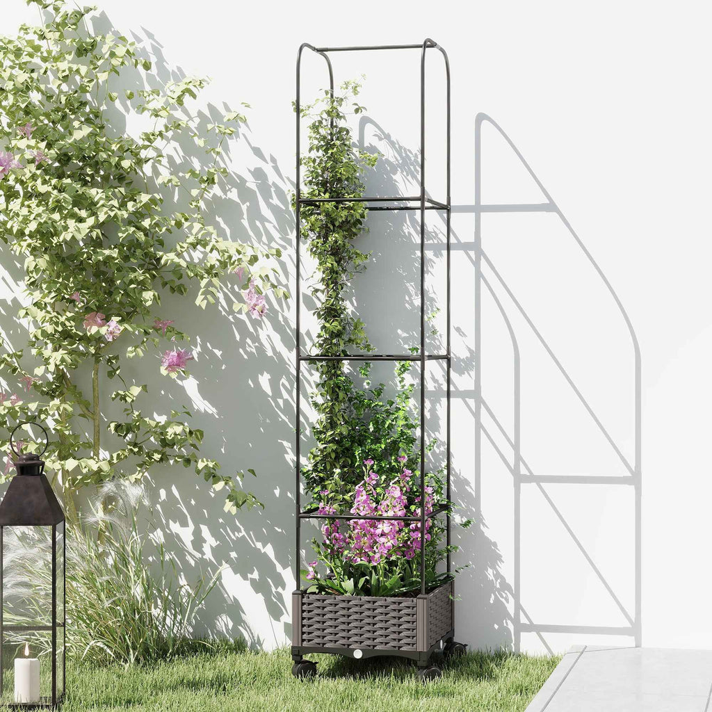 Outsunny 185cm Raised Trellis Planter with Drainage Holes and 4 Wheels, PE and PP Coated Metal, Black