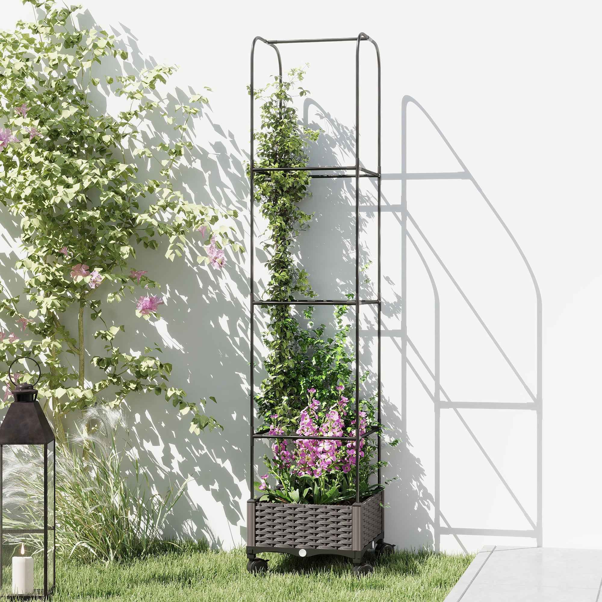 Outsunny 185cm Raised Trellis Planter with Drainage Holes and 4 Wheels, PE and PP Coated Metal, Black
