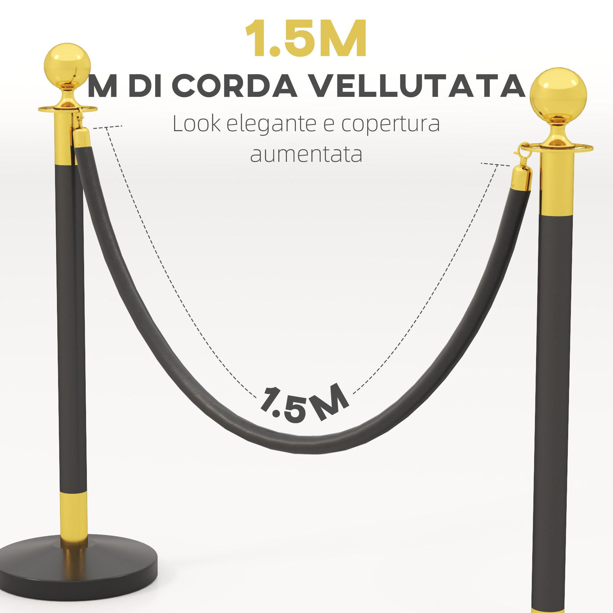 Stainless Steel Path Markers with 1.5 m Black Velvety Rope and Fillable Base, Ø32x96 cm