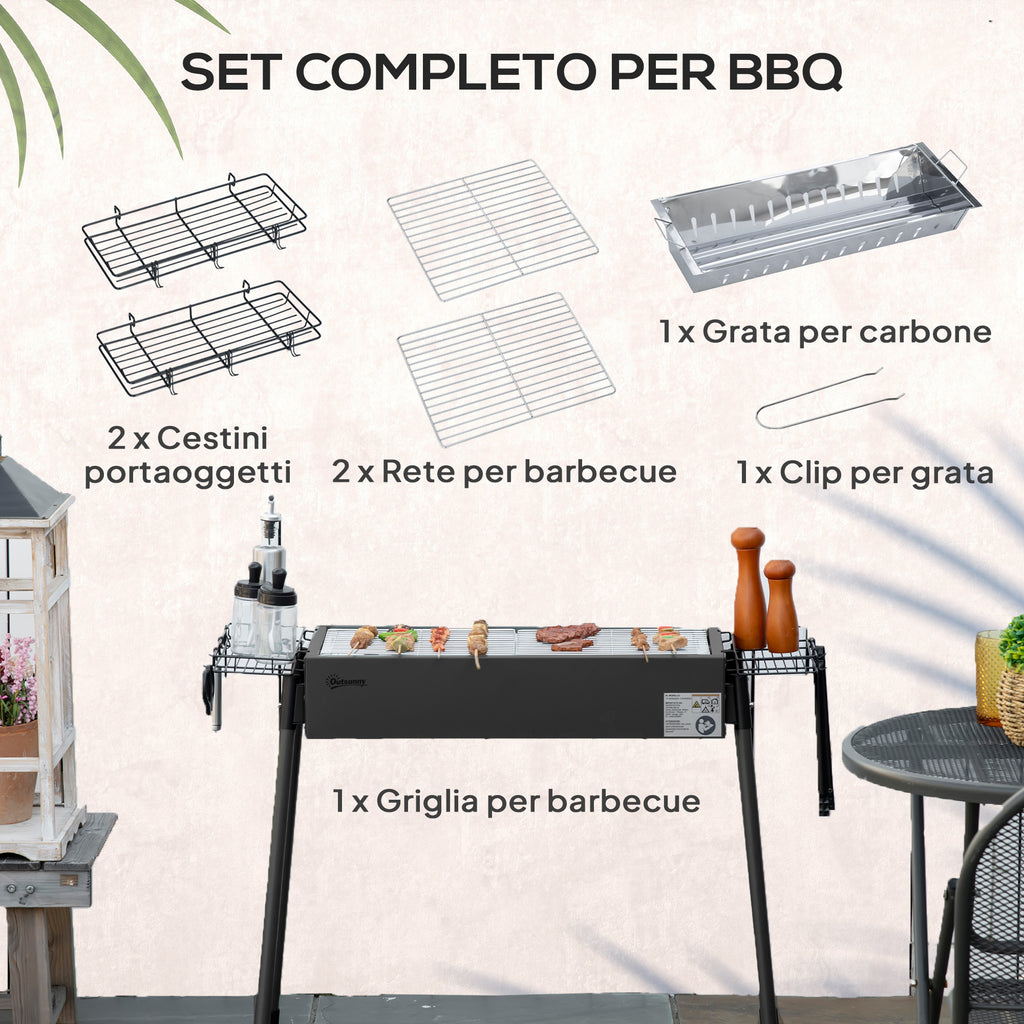 Charcoal Barbecue with 2 Grills and Side Baskets, 94x39x70cm, Black