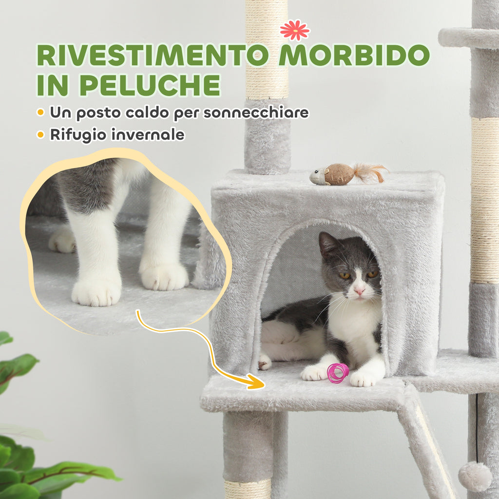 Ceiling Cat Tree with Adjustable Height 225-255 cm with House and Hammock, Light Grey