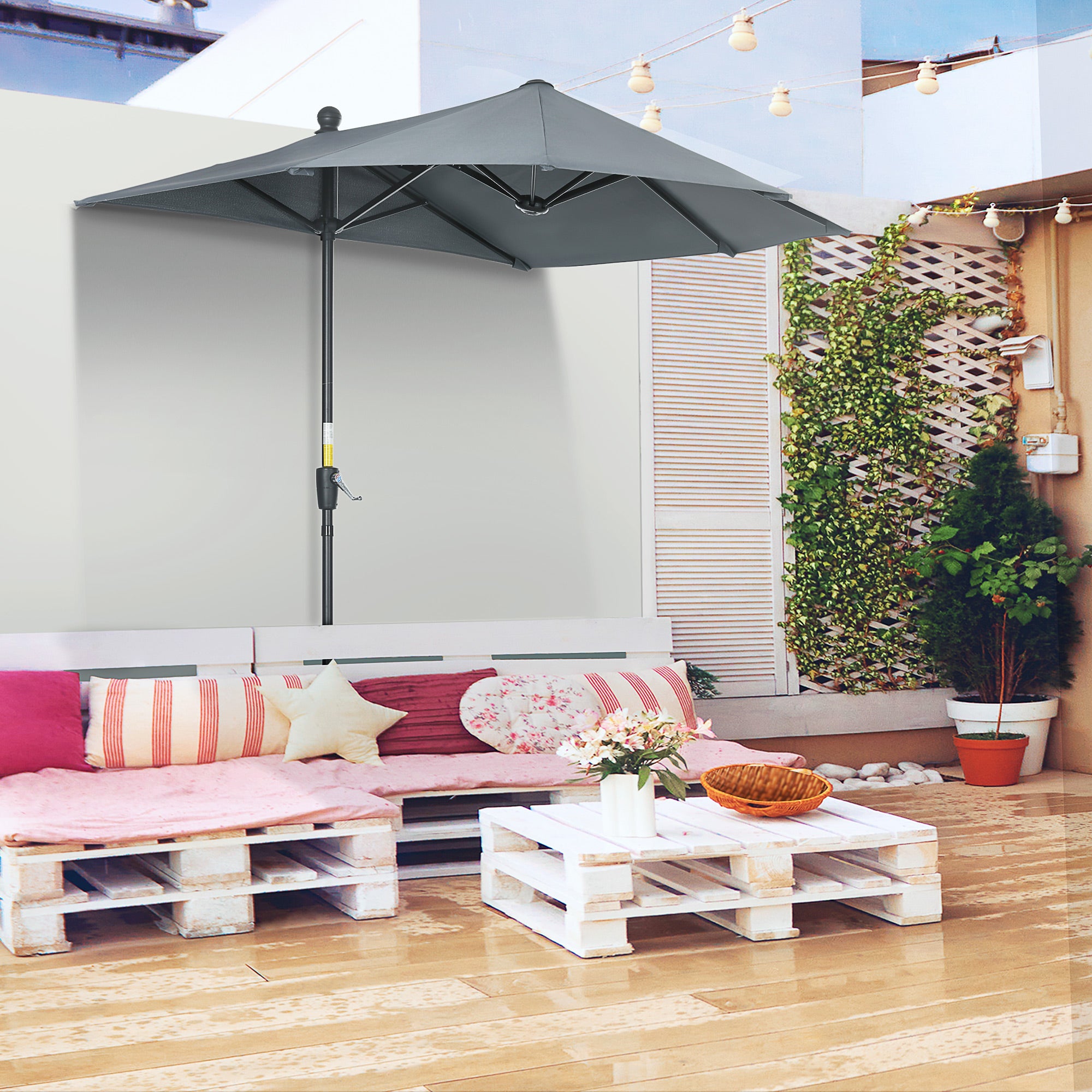 Semicircular Umbrella with Crank and Anti-UV Canopy, 200x190x240 cm, Gray