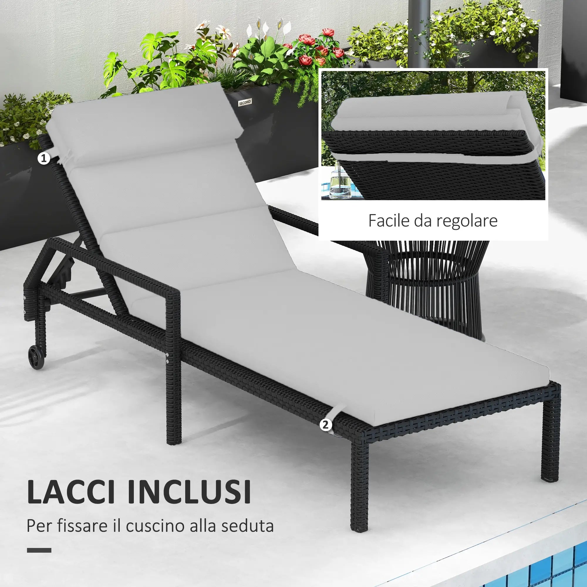 Fabric Sun Lounger Cushion with Ties, Light Grey