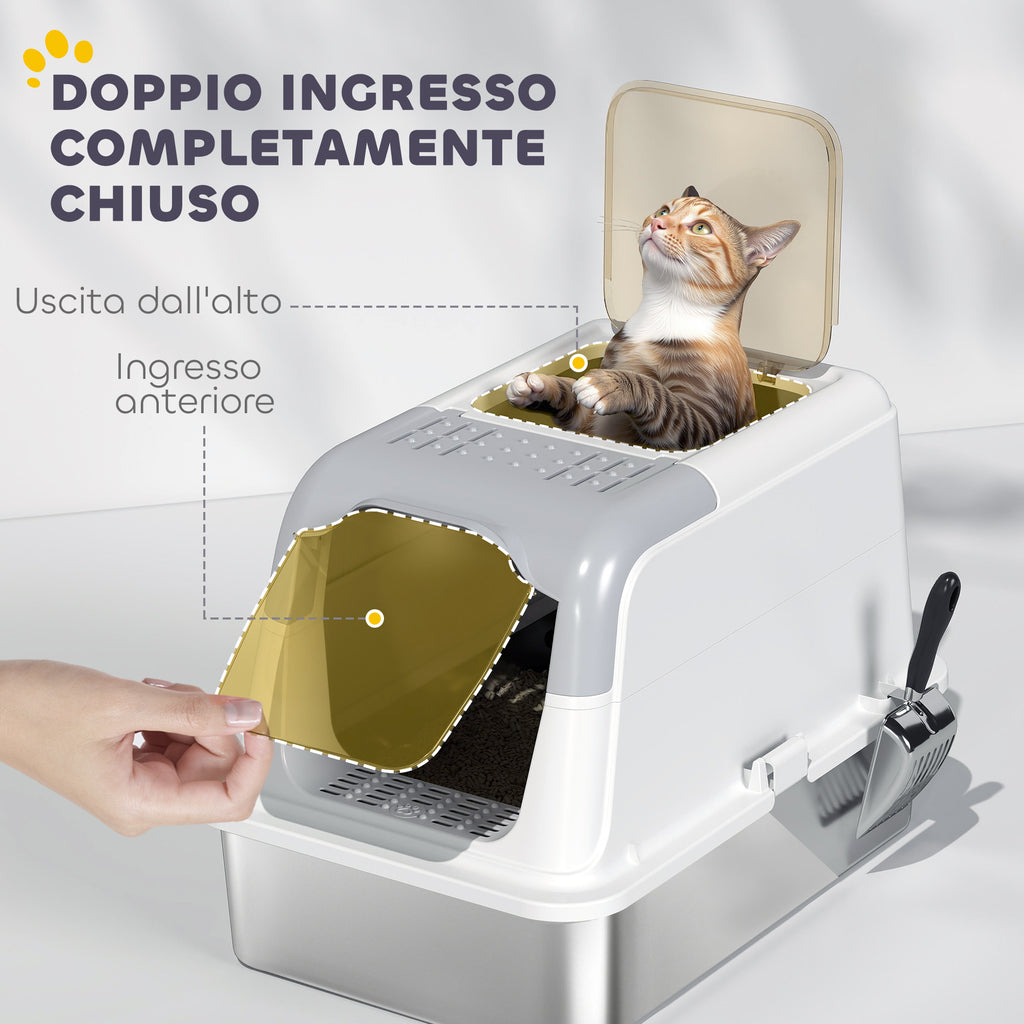 2-Bay Enclosed Cat Litter Box with Deodorizer and Scoop, 60.4 x 40.4 x 41.8 cm, White and Grey