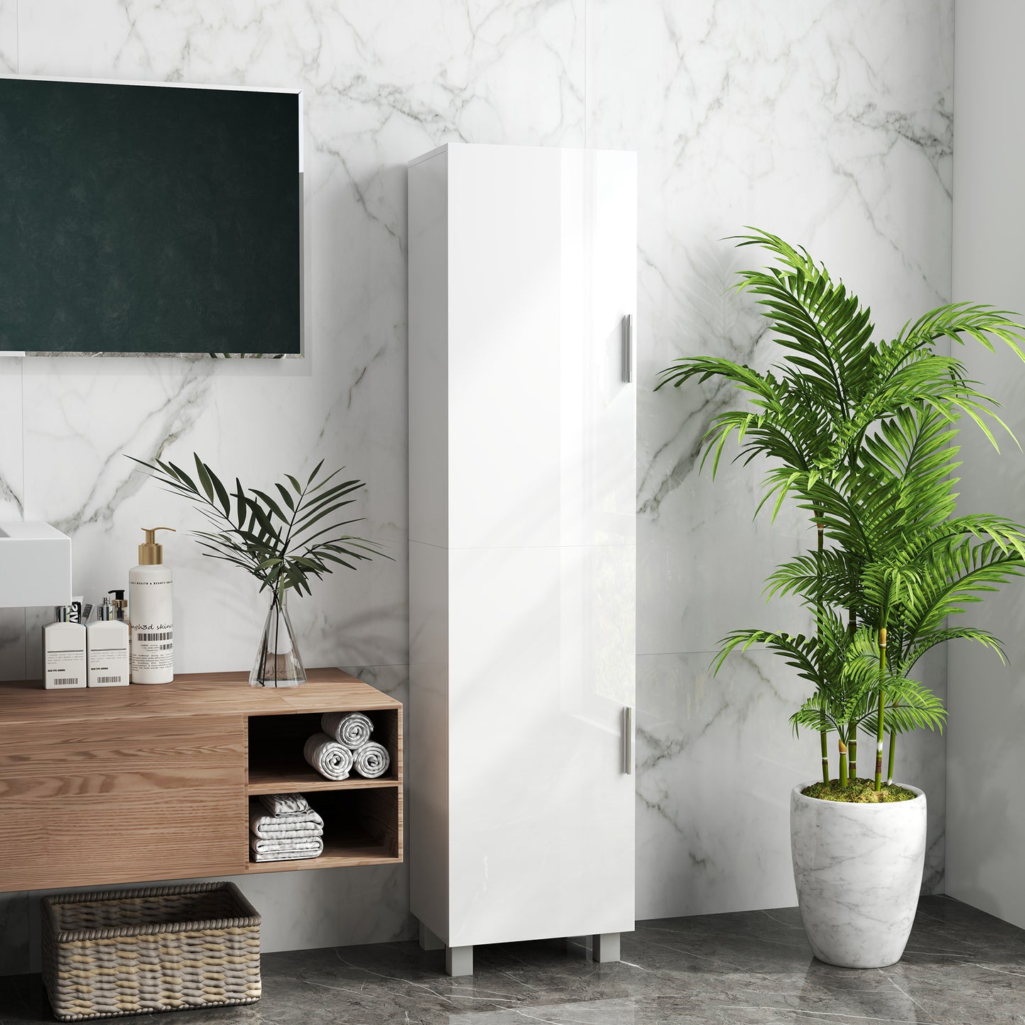 Modern Bathroom Column with 2 Adjustable Cabinets and Shelves, 40x30x167.5 cm, White