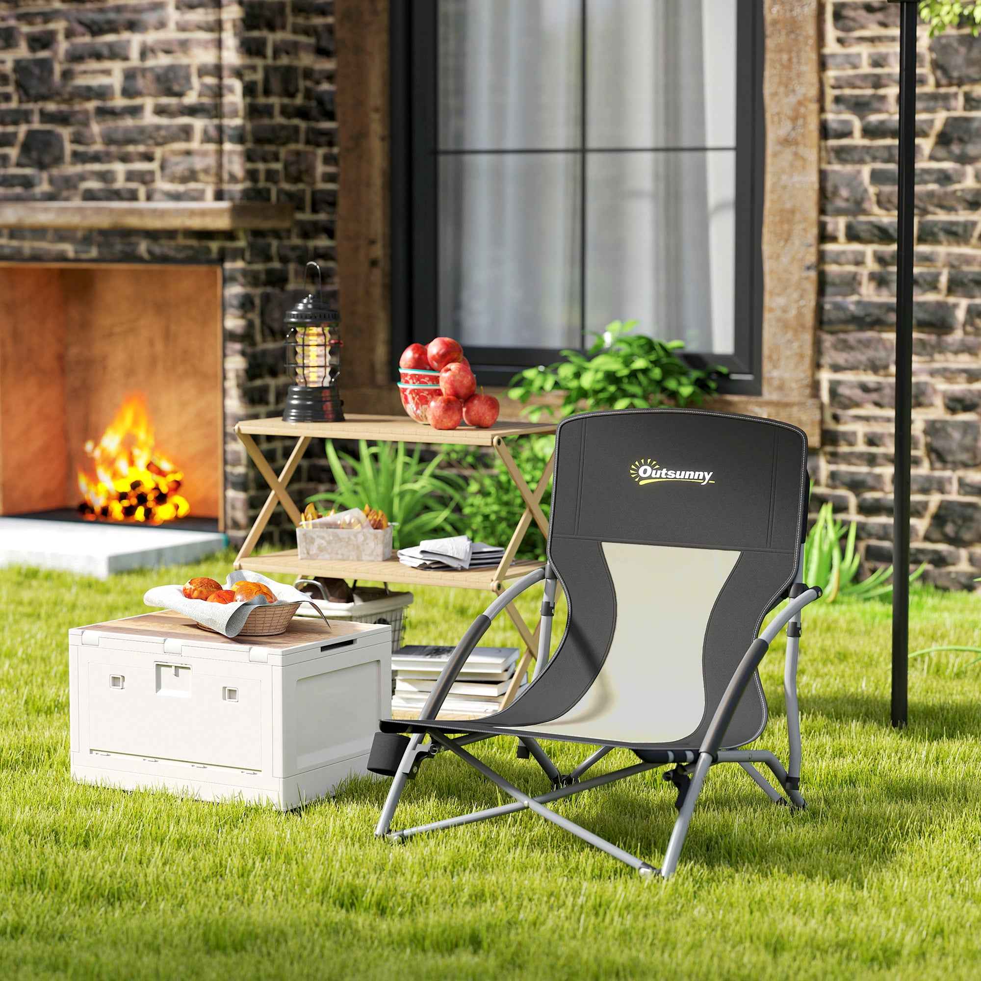 Outsunny Folding Beach Chair with Mesh Backrest and Cup Holder, Metal and Oxford Fabric, 58x55x62 cm, Black