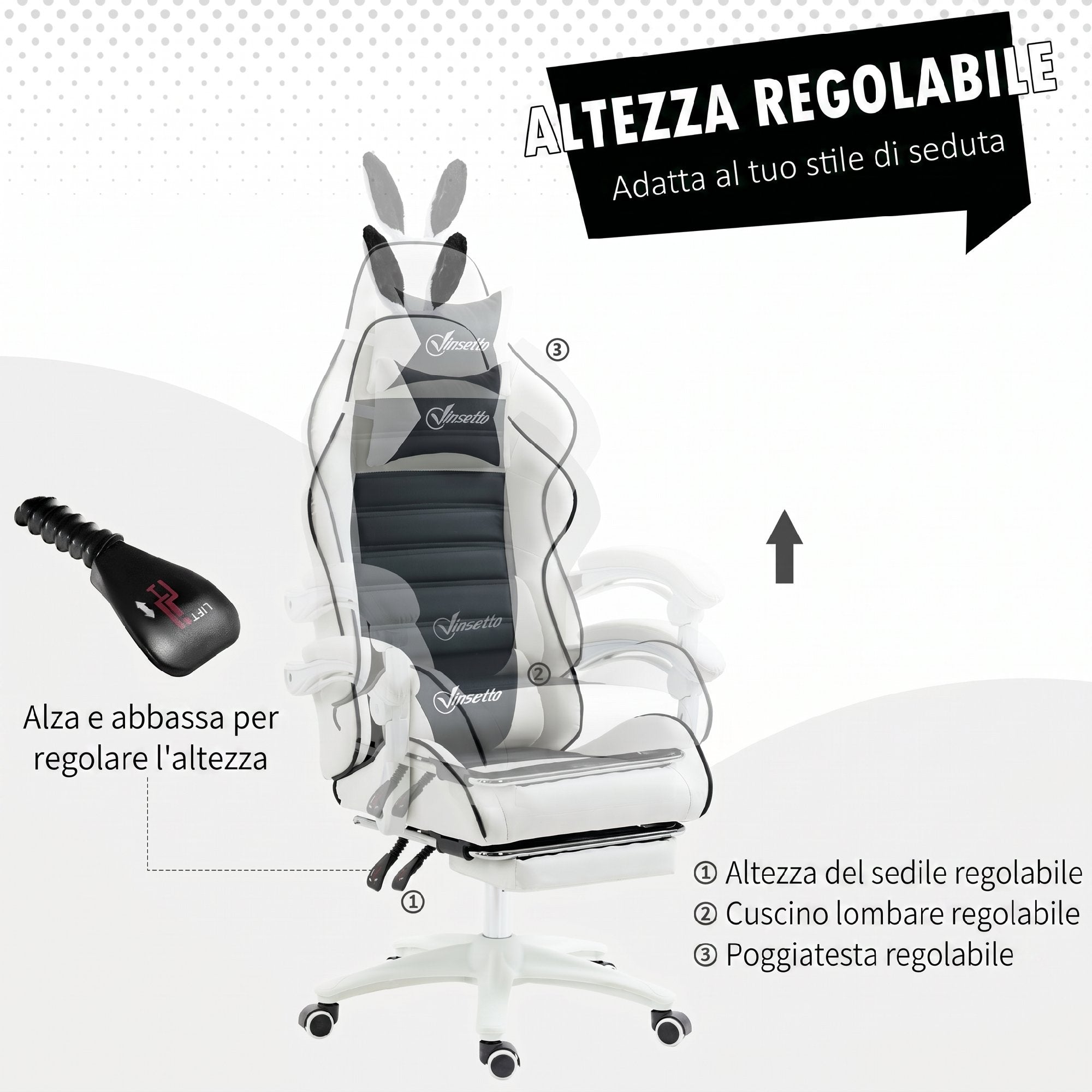 Vinsetto Gaming Chair with Rabbit Ears, Footrest, Cushions, Reclining and Adjustable Height, Black
