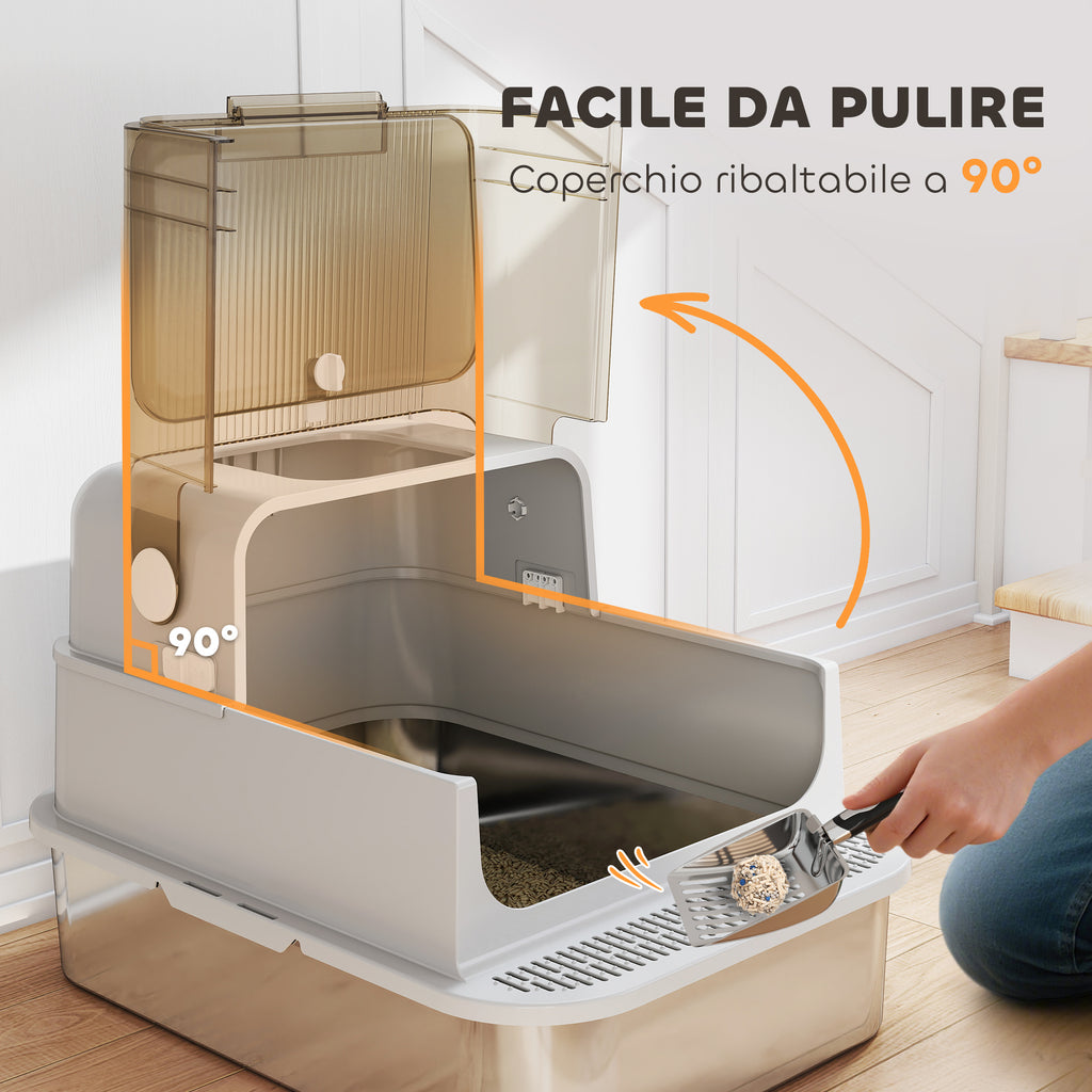 XXL Stainless Steel Enclosed Cat Litter Box, 90° Opening Lid and Double Doors, 70x50x46.5 cm, Grey