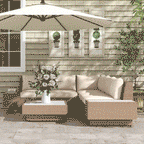 4-Piece Rattan Garden Set, Corner Sofa with Cushions and Coffee Tables, Black and Light Brown