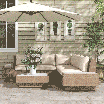 4-Piece Rattan Garden Set, Corner Sofa with Cushions and Coffee Tables, Black and Light Brown