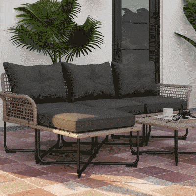 Rattan Garden Set 5-Piece with 2 Side Chairs, Central Chair and 2 Stools/Coffee Tables