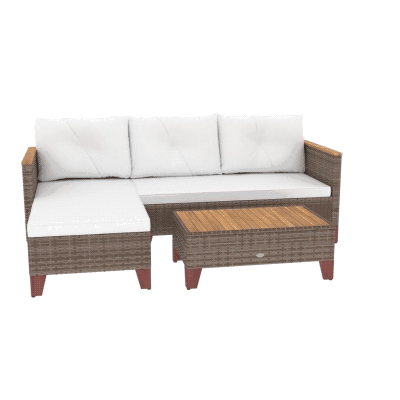 PE Rattan Garden Lounge with 2-Seater Sofa, Chaise Longue and Coffee Table, Cream