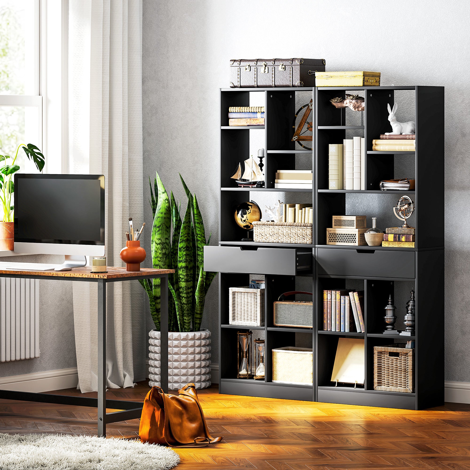 Modern Wooden Bookcase with Central Drawer and Anti-Tip Kit, 60x26x158 cm, Black